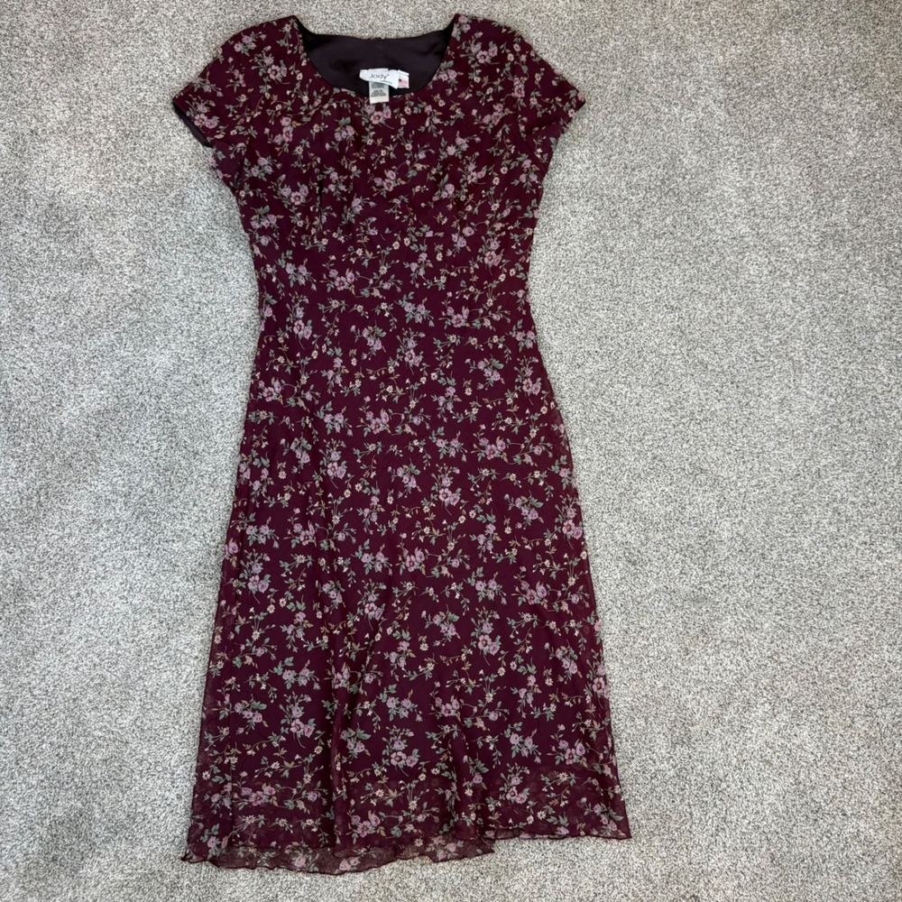 Vintage Jody of California Floral Midi Dress Burgundy 90s Short Sleeve Size 7/8
